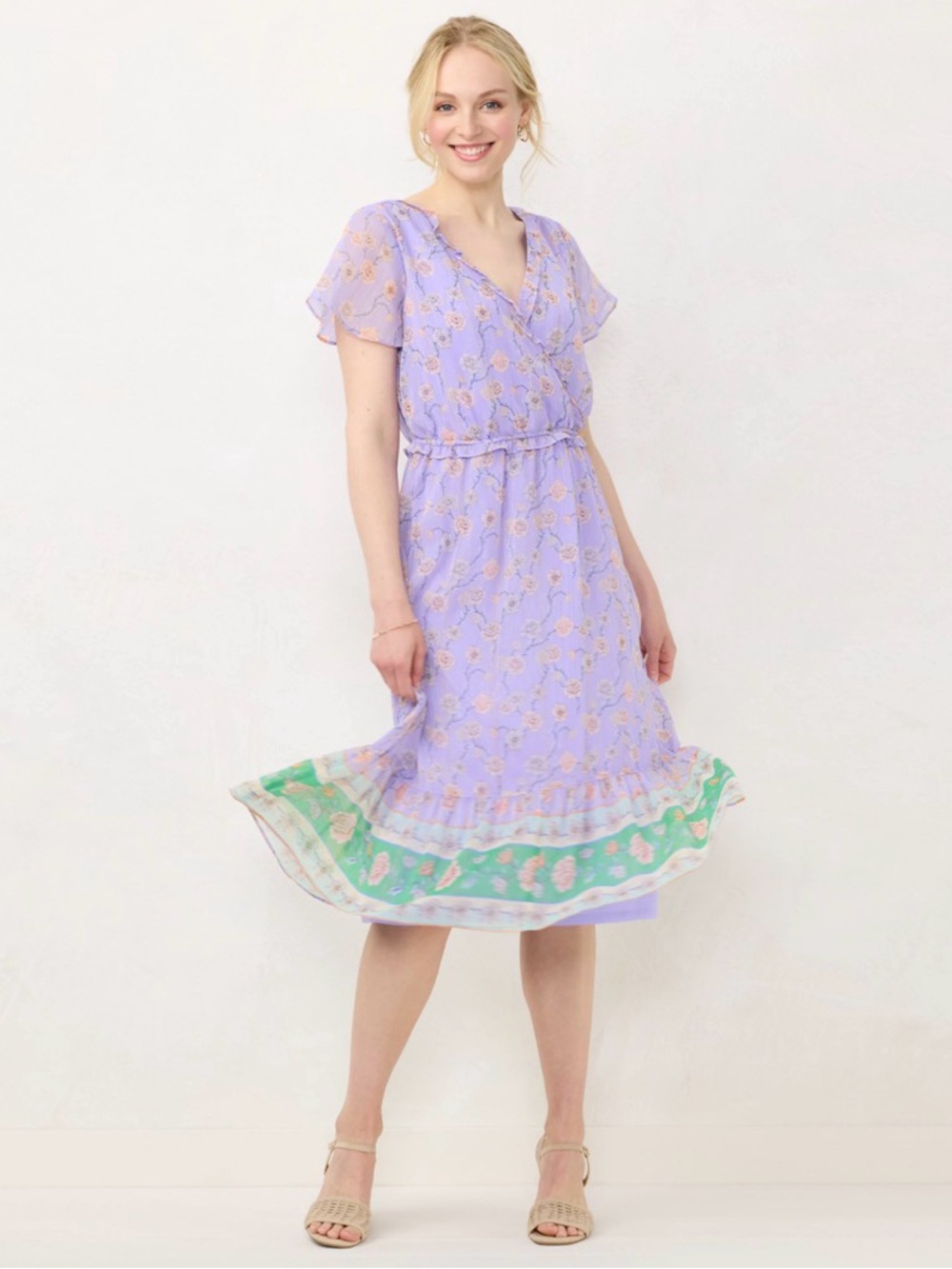 LC Lauren Conrad Lavender Floral Wrap Midi Dress with Green Hem